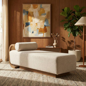 Meridian Furniture Zephyr Art Deco Linen Chaise Lounge with Cane Detail and Solid Wood Frame for Bedroom Sunroom Beige Style 1 33041Beige