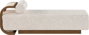 Meridian Furniture Zephyr Art Deco Linen Chaise Lounge with Cane Detail and Solid Wood Frame for Bedroom Sunroom Beige Style 1 33041Beige