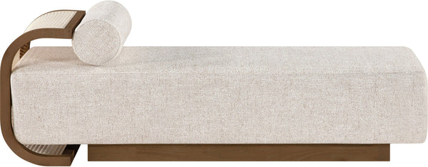 Meridian Furniture Zephyr Art Deco Linen Chaise Lounge with Cane Detail and Solid Wood Frame for Bedroom Sunroom Beige Style 1 33041Beige