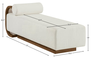 Meridian Furniture Zephyr Art Deco Linen Chaise Lounge with Cane Detail and Solid Wood Frame for Bedroom Sunroom Cream Style 1 33041Cream