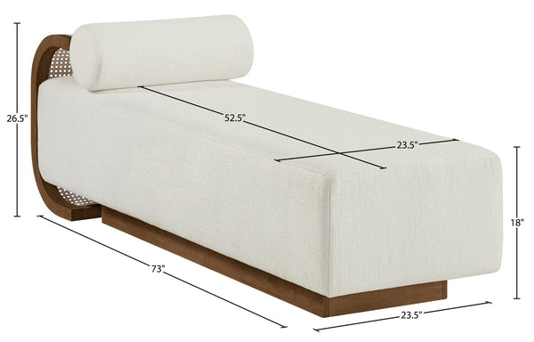 Meridian Furniture Zephyr Art Deco Linen Chaise Lounge with Cane Detail and Solid Wood Frame for Bedroom Sunroom Cream Style 1 33041Cream