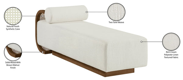 Meridian Furniture Zephyr Art Deco Linen Chaise Lounge with Cane Detail and Solid Wood Frame for Bedroom Sunroom Cream Style 1 33041Cream