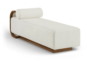 Meridian Furniture Zephyr Art Deco Linen Chaise Lounge with Cane Detail and Solid Wood Frame for Bedroom Sunroom Cream Style 1 33041Cream