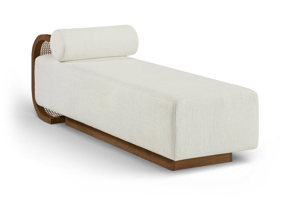 Meridian Furniture Zephyr Art Deco Linen Chaise Lounge with Cane Detail and Solid Wood Frame for Bedroom Sunroom Cream Style 1 33041Cream