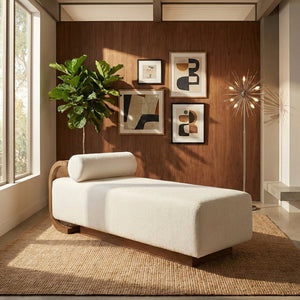 Meridian Furniture Zephyr Art Deco Linen Chaise Lounge with Cane Detail and Solid Wood Frame for Bedroom Sunroom Cream Style 1 33041Cream