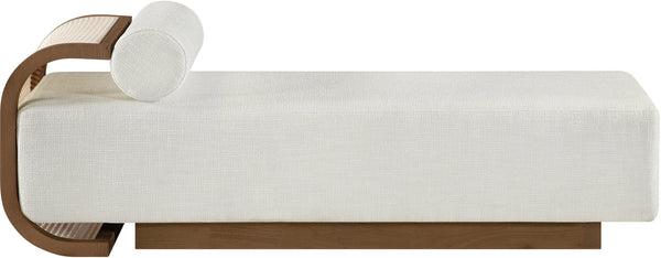 Meridian Furniture Zephyr Art Deco Linen Chaise Lounge with Cane Detail and Solid Wood Frame for Bedroom Sunroom Cream Style 1 33041Cream