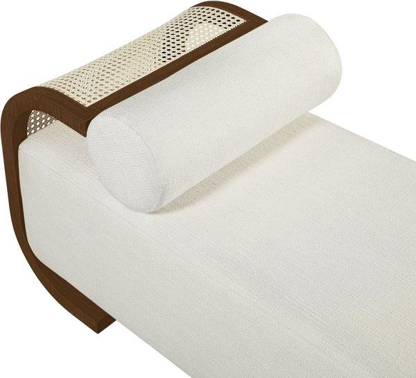 Meridian Furniture Zephyr Art Deco Linen Chaise Lounge with Cane Detail and Solid Wood Frame for Bedroom Sunroom Cream Style 1 33041Cream