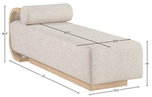 Meridian Furniture Zephyr Art Deco Linen Chaise Lounge with Cane Detail and Solid Wood Frame for Bedroom Sunroom Beige Style 2 33042Beige