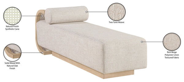Meridian Furniture Zephyr Art Deco Linen Chaise Lounge with Cane Detail and Solid Wood Frame for Bedroom Sunroom Beige Style 2 33042Beige