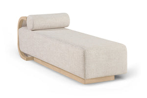 Meridian Furniture Zephyr Art Deco Linen Chaise Lounge with Cane Detail and Solid Wood Frame for Bedroom Sunroom Beige Style 2 33042Beige