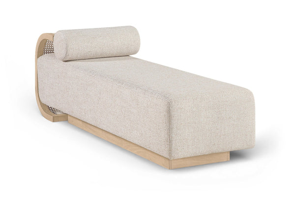 Meridian Furniture Zephyr Art Deco Linen Chaise Lounge with Cane Detail and Solid Wood Frame for Bedroom Sunroom Beige Style 2 33042Beige