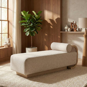 Meridian Furniture Zephyr Art Deco Linen Chaise Lounge with Cane Detail and Solid Wood Frame for Bedroom Sunroom Beige Style 2 33042Beige