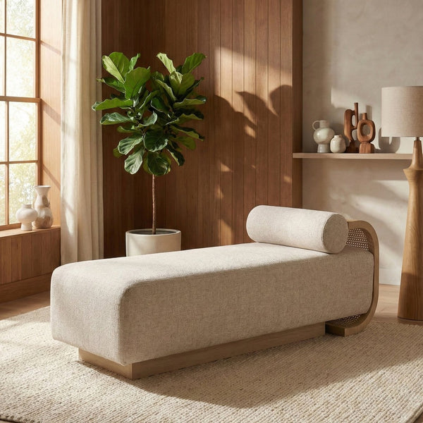 Meridian Furniture Zephyr Art Deco Linen Chaise Lounge with Cane Detail and Solid Wood Frame for Bedroom Sunroom Beige Style 2 33042Beige