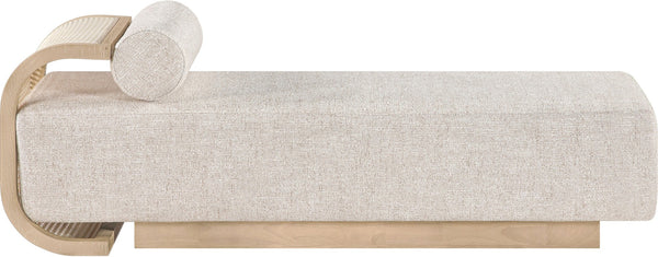 Meridian Furniture Zephyr Art Deco Linen Chaise Lounge with Cane Detail and Solid Wood Frame for Bedroom Sunroom Beige Style 2 33042Beige