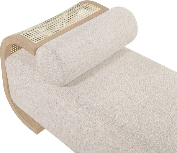 Meridian Furniture Zephyr Art Deco Linen Chaise Lounge with Cane Detail and Solid Wood Frame for Bedroom Sunroom Beige Style 2 33042Beige
