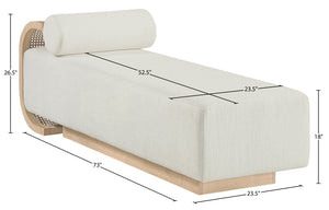 Meridian Furniture Zephyr Art Deco Linen Chaise Lounge with Cane Detail and Solid Wood Frame for Bedroom Sunroom Cream Style 2 33042Cream