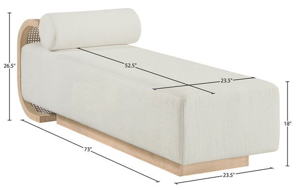 Meridian Furniture Zephyr Art Deco Linen Chaise Lounge with Cane Detail and Solid Wood Frame for Bedroom Sunroom Cream Style 2 33042Cream