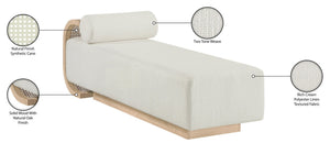 Meridian Furniture Zephyr Art Deco Linen Chaise Lounge with Cane Detail and Solid Wood Frame for Bedroom Sunroom Cream Style 2 33042Cream