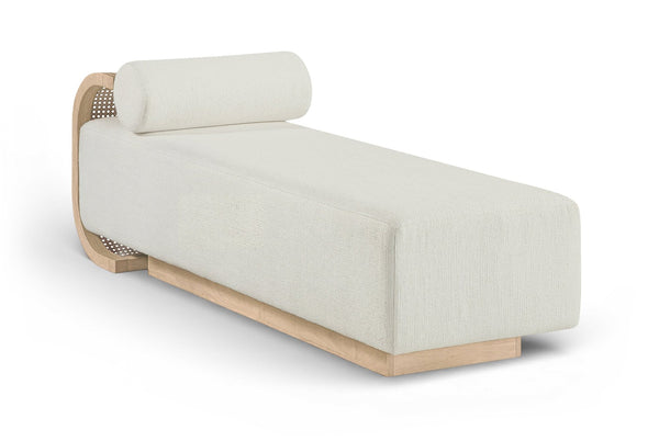Meridian Furniture Zephyr Art Deco Linen Chaise Lounge with Cane Detail and Solid Wood Frame for Bedroom Sunroom Cream Style 2 33042Cream