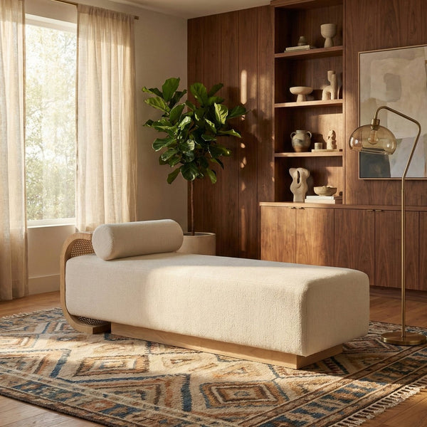 Meridian Furniture Zephyr Art Deco Linen Chaise Lounge with Cane Detail and Solid Wood Frame for Bedroom Sunroom Cream Style 2 33042Cream
