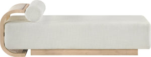 Meridian Furniture Zephyr Art Deco Linen Chaise Lounge with Cane Detail and Solid Wood Frame for Bedroom Sunroom Cream Style 2 33042Cream