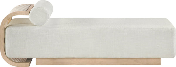 Meridian Furniture Zephyr Art Deco Linen Chaise Lounge with Cane Detail and Solid Wood Frame for Bedroom Sunroom Cream Style 2 33042Cream