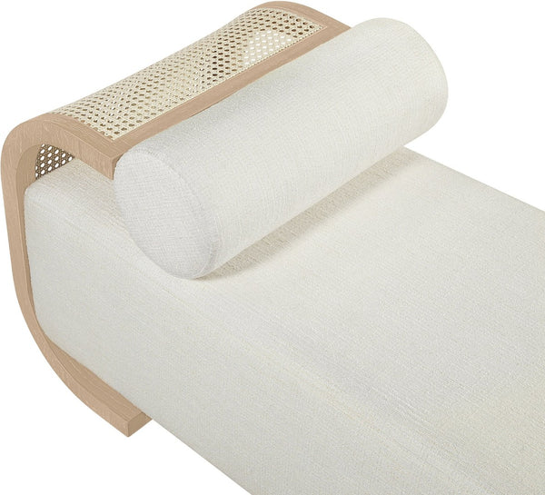 Meridian Furniture Zephyr Art Deco Linen Chaise Lounge with Cane Detail and Solid Wood Frame for Bedroom Sunroom Cream Style 2 33042Cream