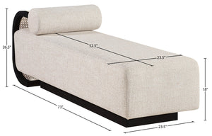 Meridian Furniture Zephyr Art Deco Linen Chaise Lounge with Cane Detail and Solid Wood Frame for Bedroom Sunroom Beige Style 3 33043Beige