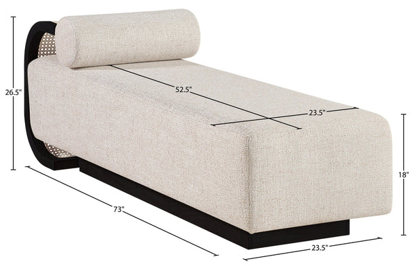 Meridian Furniture Zephyr Art Deco Linen Chaise Lounge with Cane Detail and Solid Wood Frame for Bedroom Sunroom Beige Style 3 33043Beige
