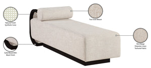 Meridian Furniture Zephyr Art Deco Linen Chaise Lounge with Cane Detail and Solid Wood Frame for Bedroom Sunroom Beige Style 3 33043Beige