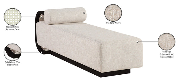 Meridian Furniture Zephyr Art Deco Linen Chaise Lounge with Cane Detail and Solid Wood Frame for Bedroom Sunroom Beige Style 3 33043Beige