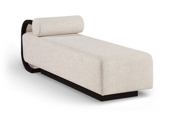 Meridian Furniture Zephyr Art Deco Linen Chaise Lounge with Cane Detail and Solid Wood Frame for Bedroom Sunroom Beige Style 3 33043Beige