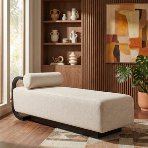 Meridian Furniture Zephyr Art Deco Linen Chaise Lounge with Cane Detail and Solid Wood Frame for Bedroom Sunroom Beige Style 3 33043Beige