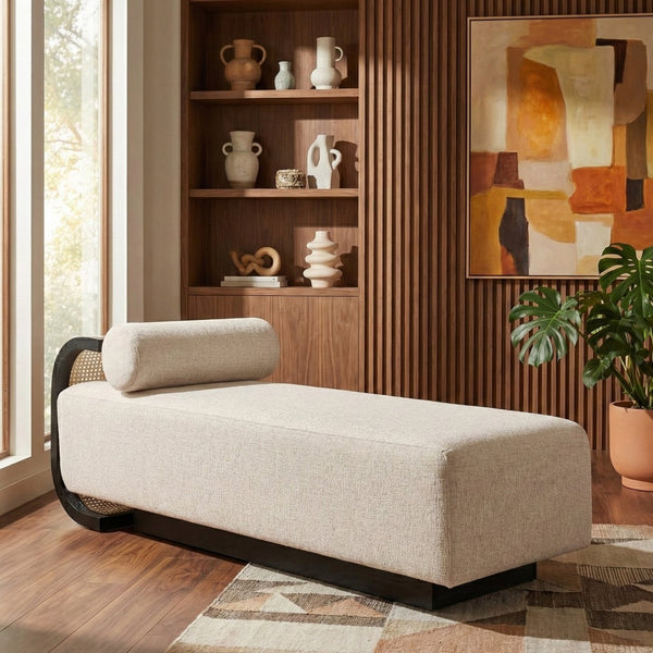 Meridian Furniture Zephyr Art Deco Linen Chaise Lounge with Cane Detail and Solid Wood Frame for Bedroom Sunroom Beige Style 3 33043Beige