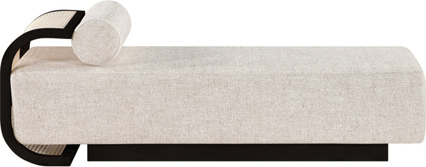 Meridian Furniture Zephyr Art Deco Linen Chaise Lounge with Cane Detail and Solid Wood Frame for Bedroom Sunroom Beige Style 3 33043Beige