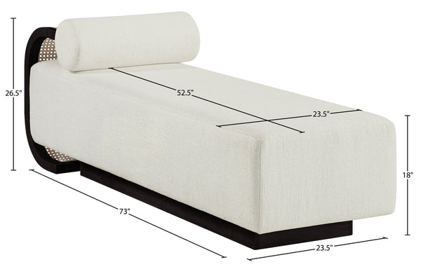 Meridian Furniture Zephyr Art Deco Linen Chaise Lounge with Cane Detail and Solid Wood Frame for Bedroom Sunroom Cream Style 3 33043Cream