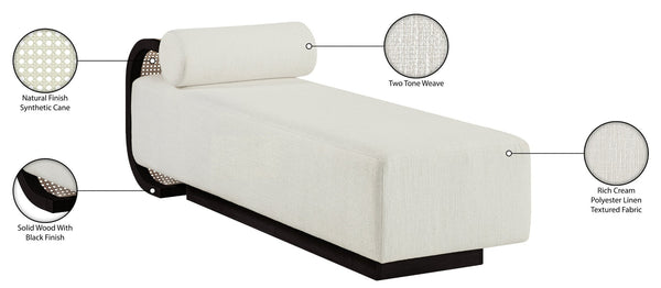 Meridian Furniture Zephyr Art Deco Linen Chaise Lounge with Cane Detail and Solid Wood Frame for Bedroom Sunroom Cream Style 3 33043Cream