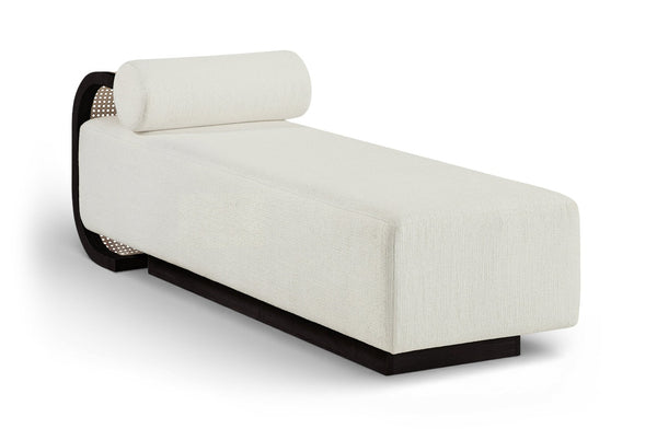 Meridian Furniture Zephyr Art Deco Linen Chaise Lounge with Cane Detail and Solid Wood Frame for Bedroom Sunroom Cream Style 3 33043Cream