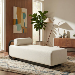 Meridian Furniture Zephyr Art Deco Linen Chaise Lounge with Cane Detail and Solid Wood Frame for Bedroom Sunroom Cream Style 3 33043Cream
