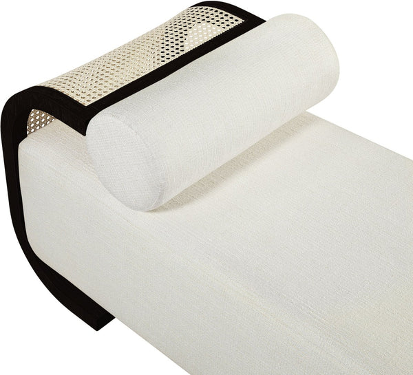 Meridian Furniture Zephyr Art Deco Linen Chaise Lounge with Cane Detail and Solid Wood Frame for Bedroom Sunroom Cream Style 3 33043Cream