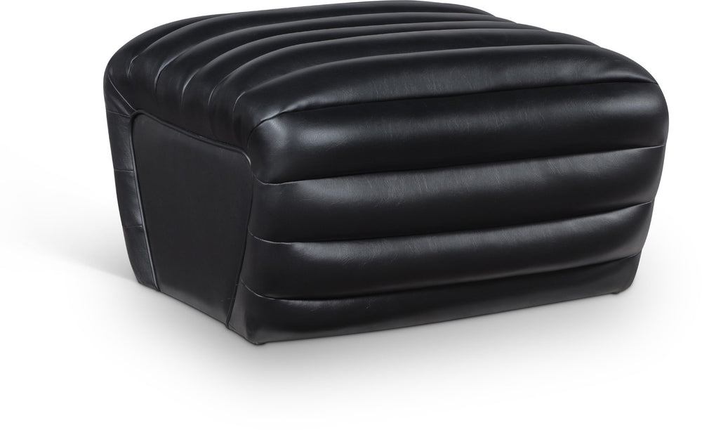 Meridian Furniture Vega Channel Tufted Vegan Leather Ottoman Contemporary Living Room Accent Seating Piece Black 33045Black-Ott