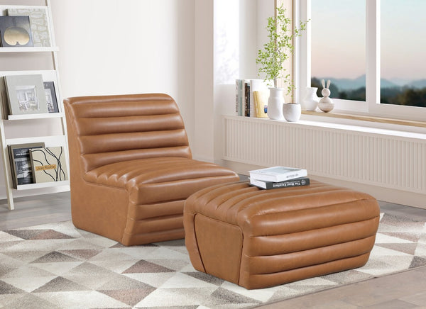 Meridian Furniture Vega Channel Tufted Vegan Leather Accent Chair for Modern Living Rooms and Office Spaces Cognac 33045Cognac-C