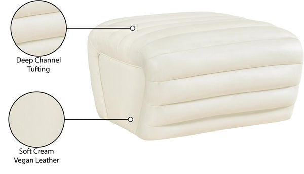 Meridian Furniture Vega Channel Tufted Vegan Leather Ottoman Contemporary Living Room Accent Seating Piece Cream 33045Cream-Ott
