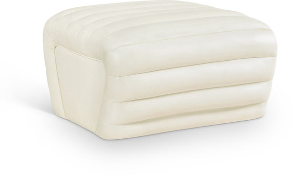 Meridian Furniture Vega Channel Tufted Vegan Leather Ottoman Contemporary Living Room Accent Seating Piece Cream 33045Cream-Ott