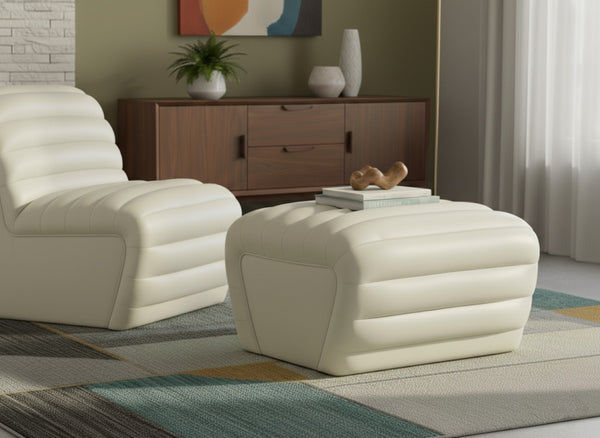 Meridian Furniture Vega Channel Tufted Vegan Leather Ottoman Contemporary Living Room Accent Seating Piece Cream 33045Cream-Ott