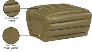 Meridian Furniture Vega Channel Tufted Vegan Leather Ottoman Contemporary Living Room Accent Seating Piece Olive 33045Olive-Ott