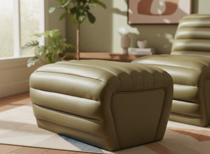 Meridian Furniture Vega Channel Tufted Vegan Leather Ottoman Contemporary Living Room Accent Seating Piece Olive 33045Olive-Ott