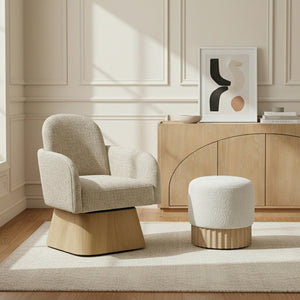 Meridian Furniture Marlowe Art Deco Swivel Accent Chair Linen Weave Upholstery Curved Back Living Room Beige Style 1 33046Beige