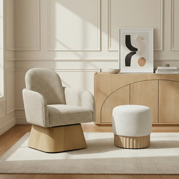 Meridian Furniture Marlowe Art Deco Swivel Accent Chair Linen Weave Upholstery Curved Back Living Room Beige Style 1 33046Beige