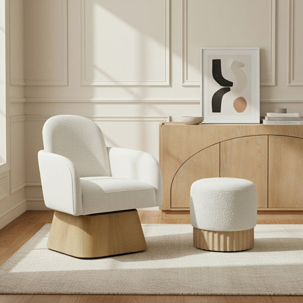 Meridian Furniture Marlowe Art Deco Swivel Accent Chair Linen Weave Upholstery Curved Back Living Room Cream Style 1 33046Cream